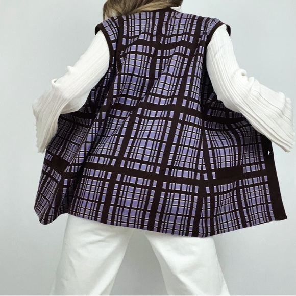 Vintage Pure Wool Gina Teresa Button-Front Plaid Knit Vest in Purple & Brown | L - Picture 7 of 10